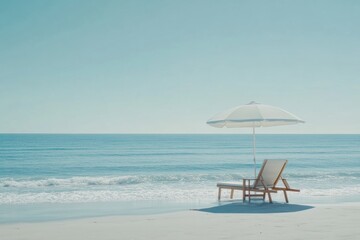 Relaxing beach setup with lounge chair and umbrella by calm ocean waves under clear blue sky. Generative AI