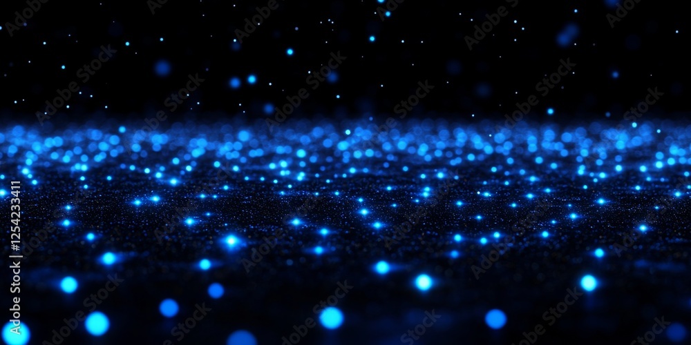 Poster Blue particles falling on dark surface, bokeh background, digital art, vj loop