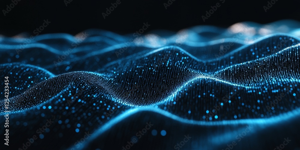 Poster blue digital wave data flow, dark background, tech design