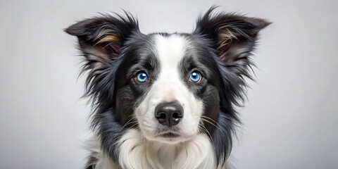 Fototapeta premium A close-up portrait of a Border Collie dog with its distinctive blue eyes and fluffy coat, showcasing its intelligent and alert expression , canine, dog breed