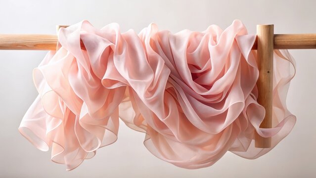 Delicate ruffles of light pink silk organza fabric draped elegantly over a wooden dowel, light pink