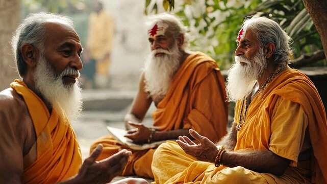 Holy men in meditation at an ashram discuss spiritual teachings, creating a serene and contemplative atmosphere.