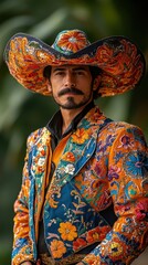 Obraz premium A Man in Traditional Mexican Embroidered Outfit with Colorful Floral Patterns and Large Hat Captures the Spirit and Cultural Heritage of Mexico with Intricate Details and Vibrant Colors