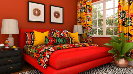 Vibrant bedroom, ethnic textiles, sunny window, plant. Home decor inspiration