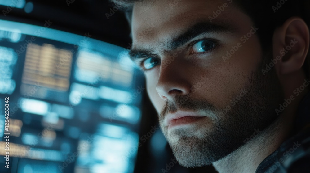 Poster futuristic cybersecurity analyst with holographic data, focused on coding and trading