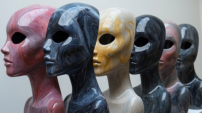 Abstract art gallery where gender fluid individuals challenge societal norms through fashion and expressions set against modern minimalistic sculptures