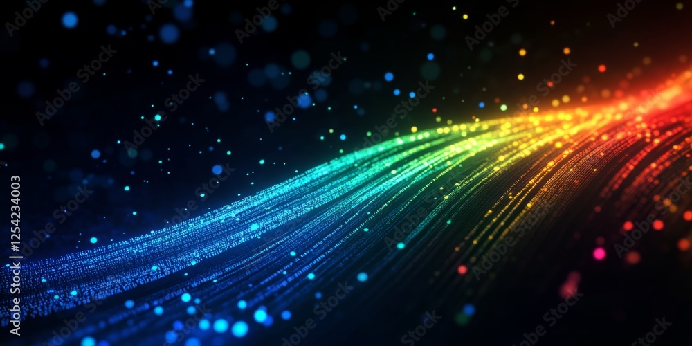 Poster Rainbow light trails flow in dark space; abstract background for digital design