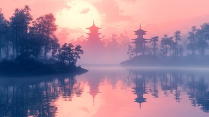 Naklejka premium Misty Sunrise Over Japanese Pagoda By A Lake