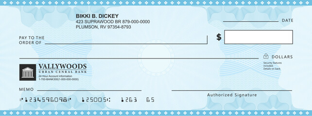 Blank bank check, checkbook cheque template with blue guilloche, vector mockup. Money payment bank check voucher or pay cash cheque certificate, account bill paycheck with guilloche pattern