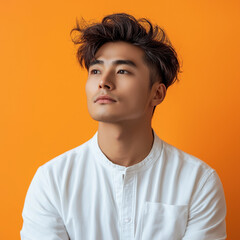Fototapeta premium Handsome Asian man Turn sideways for skin care and cosmetics concept White shirt on orange background