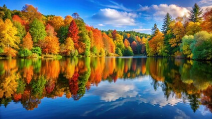 Serene autumn landscape by lake with vibrant foliage reflected in calm water surface, surrounded by tall trees and lush greenery, lake scenery, serene landscapes
