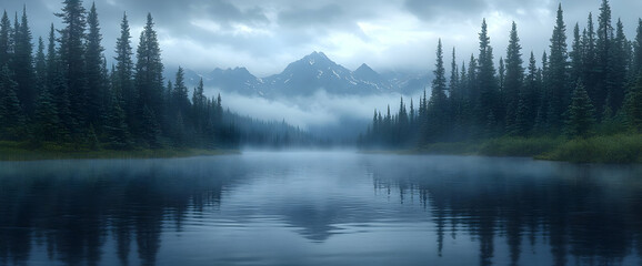 Obraz premium Misty Mountain Lake Scenery In Forest
