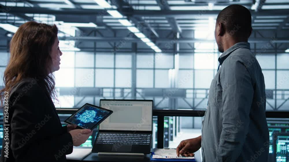 Poster teamworking data center computer scientists using artificial intelligence on laptop and tablet. serv