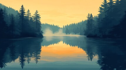 Fototapeta premium Pixelated Lake Sunrise Forest Scene