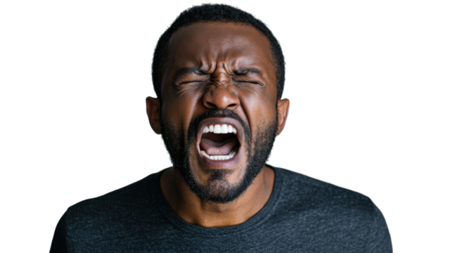 Frustrated black man screaming with eyes closed and transparent background