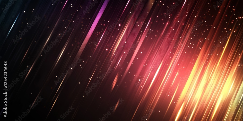 Poster abstract diagonal light streaks, dark background, glowing particles, website header