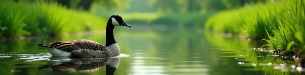 Goose glides on still canal waters, green reeds nearby, tranquil, peaceful, bird photography