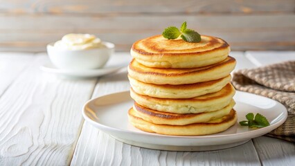 Fluffy pancakes made from cottage cheese stacked on a plate , home cooked, white background