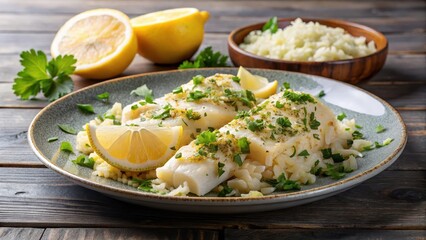 Traditional Portuguese bacalhau a bras dish on a plate with shredded salt cod, garnished with chopped fresh parsley and lemon wedges, cooking, salt cod