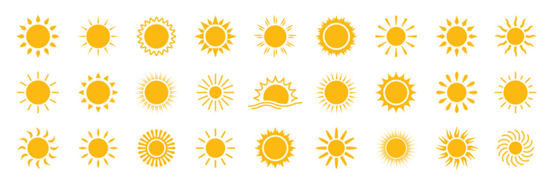 Sun icons set. Sun weather symbol collection. Sunshine, sunlight, sunburst icon set. Vector icons
