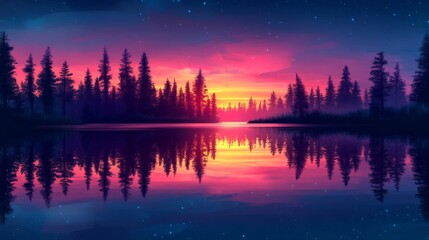 Pixel Art Sunset Over Forest Lake