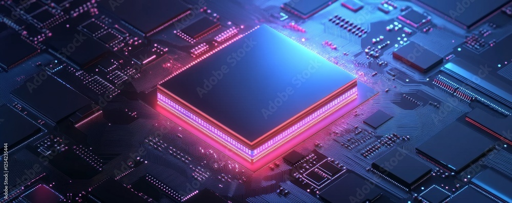 Poster neon-lit cpu on circuit board, tech background