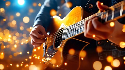 Obraz premium Passionate Guitarist Strumming Melodically in a Dreamy Atmosphere with Glowing Lights