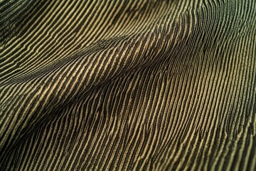 Green brown corduroy surface texture. Elegant background with space for design. Natural cotton ribbed fabric. Durable cloth. Dark golden olive color.