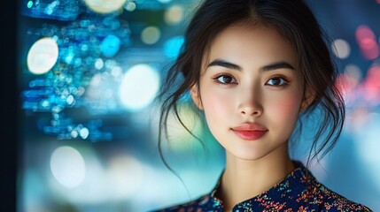 Young Woman in Vibrant City Night with Glittering Lights and Reflective Mood