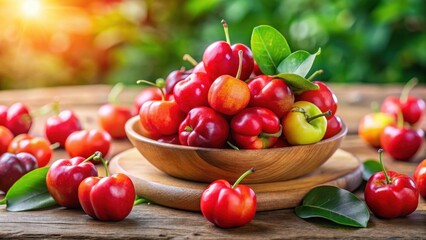 Freshly picked acerola cherries with juicy pulp and seeds, set against a soft focus background , tropical, fruit,  tropical