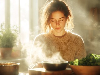 Young Woman Enjoying a Steaming Meal in a Cozy Rustic Kitchen Setting