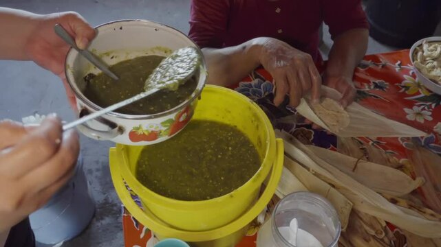 Making authentic Mexican tamales with green salsa and huaraches step by step