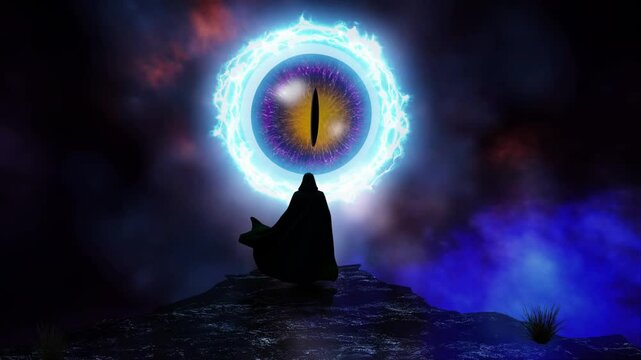 Alien Eye in the Sky with Hooded Figure 4K Loop features a single eye in the sky with energy and clouds around looking down on a hooded figure on a cliff edge in a loop.