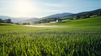 Sunrise over dew-kissed field, farmhouse background; idyllic rural scene