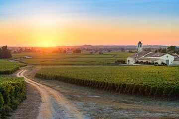 Sunset over vineyard with a country road and a small chapel in the distance