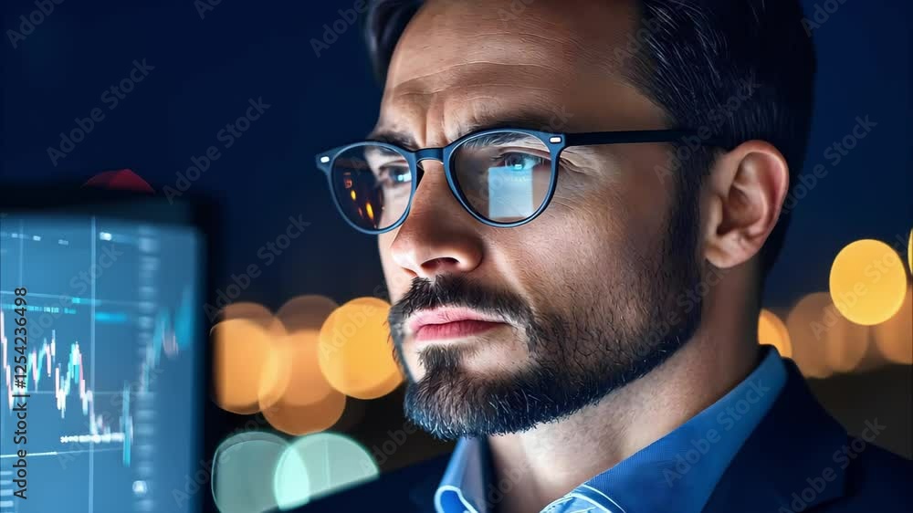 Poster a focused man in glasses analyzing data on a computer screen with blurred city lights in the backgro