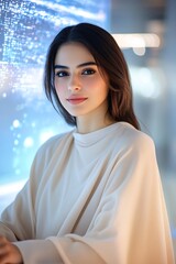 Fototapeta premium Young Woman in Serene Home Office with Futuristic Digital Display Background