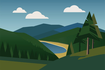 Landscape with mountains and trees. Vector illustration