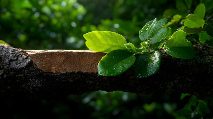 Lush green leaves on a tree branch, sunlight dappled background, nature product display
