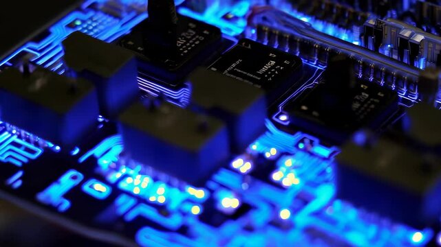 Electronic Circuit Board Illuminated with Blue Light
