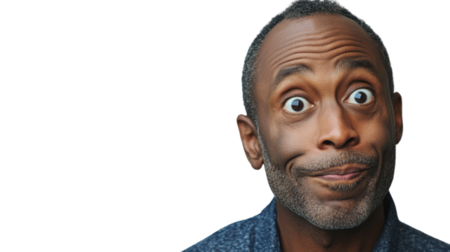 Curious man making a funny face on a transparent background
