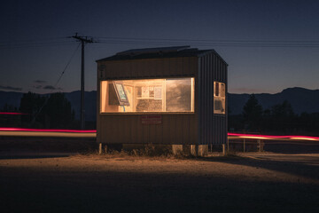 A lit up shelter box in the middle of the night on the side of a country road.