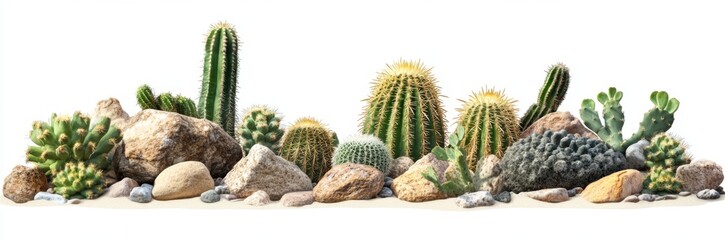 Desert Cactus Collection with Rocks, White Background, Website Banner