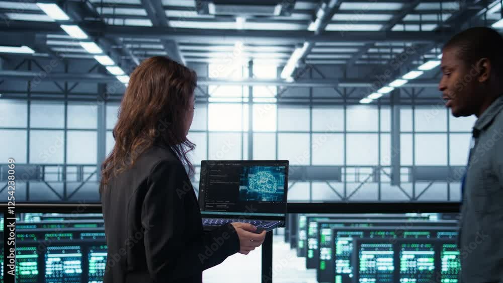 Poster ai technology used by data center software developers reviewing equipment diagnostics. programmers c