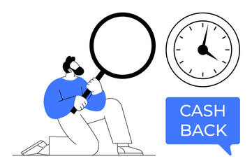Man holding a large magnifying glass, clock displaying time, cashback speech bubble design. Ideal for finance, savings, time management, commerce, customer rewards, schedule planning economic