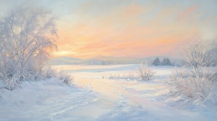 Serene winter sunrise landscape painting, showcasing snow-covered field, frosted trees, and a calm stream under pastel sky.