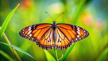 Fototapeta premium A delicate butterfly perched on a tender shoot, its wings spread wide in a gentle pose , butterflies, insects