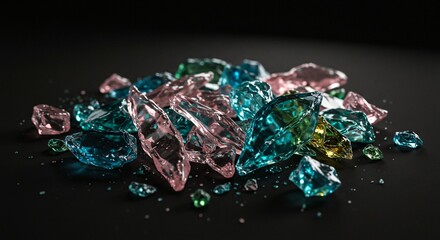 Glass shards in various shapes and colors with transparent effects
