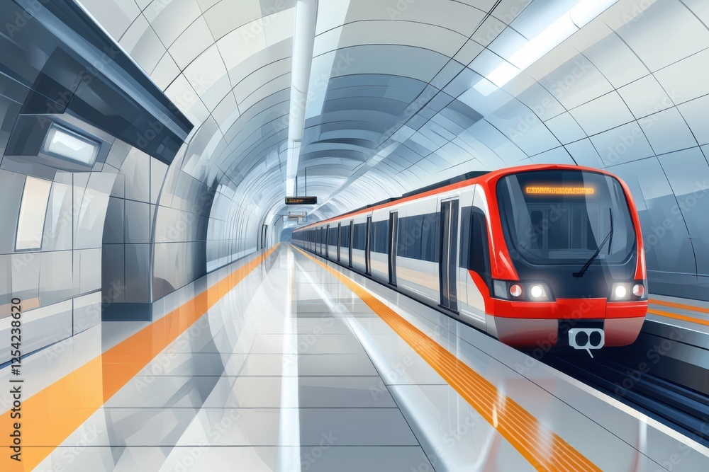 Poster metro station interior featuring a red subway train waiting at a platform with smooth tile and brigh