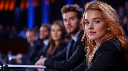 Obraz premium A confident young woman with long red hair sits at a judging panel, surrounded by focused individuals in suits.